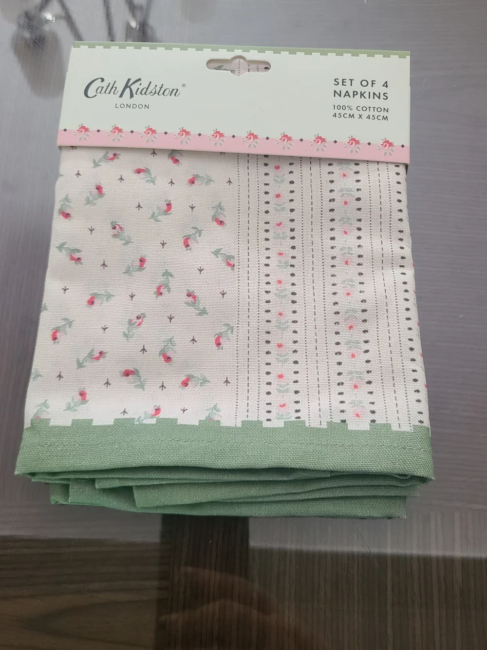 Cath Kidston Green and Pink Floral Cotton Napkin Set - Pack of 4 New